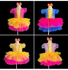 Children Jazz dance costumes pink yellow blue sequins puffy tutu skirt sequin choir singer princess dress Modern jazz dance performance outfits